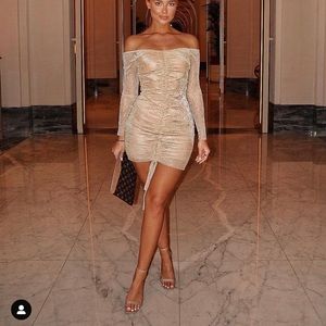 Gold Metallic Plisse Ruche Front Bardot Dress